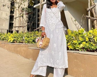 White Handmade Chikankari Modal Cotton Kurta Palazzo Set Ethnic Wear Lucknowi Chikan Salwar Kameez Dress/ Chikankari Kurta/ Chikan Dress set