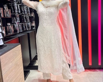 Women Handmade White Georgette Chikankari Kurti Palazzo Set Ethnic Wear Lucknowi Chikankari Salwar Kameez/ Chikankari Georgette Salwar Suit