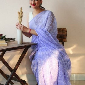 Sari Chikankari Georgette Tepchi com bordados de linha e blusa anexada, estilo étnico bordado à mão, roupa tradicional Chikan Sari Sari
