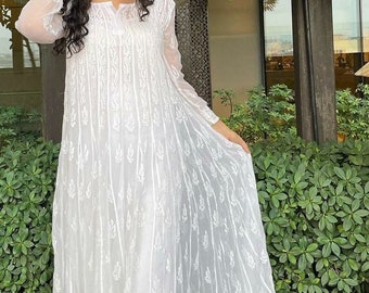 White Handmade Chikankari Anarkali Kurta With Inner Ethnic Wear