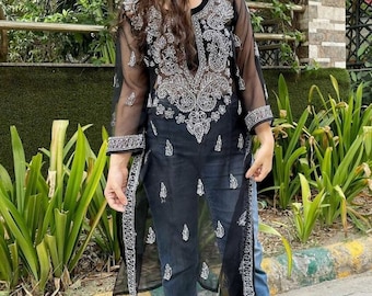 FREE INNER Women Handmade Georgette Chikankari Kurta Ethnic Wear Chikan Kurti Georgette Kurta with Inner/Chikankari kurti/ Chikan Dress