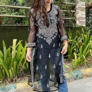FREE INNER Women Handmade Georgette Chikankari Kurta Ethnic Wear Chikan Kurti Georgette Kurta with Inner/Chikankari kurti/ Chikan Dress