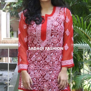 Women Georgette Chikankari Short Jaal Kurta Ethnic Wear Handmade Lucknowi Chikan Kurti Short Top Kurta Top Hand Embroided Top
