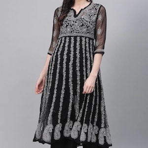 Free Inner Black Handmade Georgette Chikankari Anarkali Kurti Ethnic Wear Hand Embroided Chikan Kurta Traditional Wear Women Dress