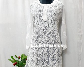 Handmade Chikankari Georgette Kurti with Inner: Lucknowi Ethnic Wear