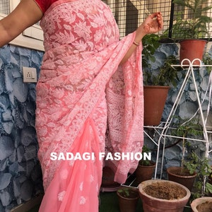 Women Handmade Georgette Half Jaal Saree Ethnic Summer Wear Lucknawi Chikankari Saree Sari Hand Embroided Authentic Chikan Saree Sari