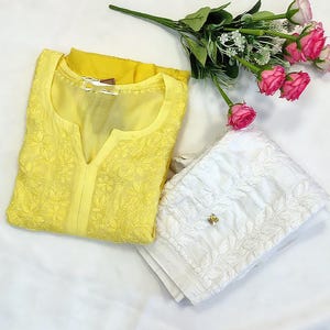 Yellow Handmade Chikankari Muslin Straight Kurta Pant Set Ethnic Wear Lucknowi Chikan Dress/ Chikankari Kurta/Chikan Dress