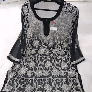 FREE INNER Women Georgette Chikankari Short Jaal Kurta Ethnic Summer Wear Handmade Lucknowi Chikan Kurti Short Top Kurta Top