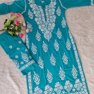 Mujeres hechas a mano Chikankari Modal Algodón Kurta Palazzo Set Ropa étnica Lucknowi Chikan Salwar Kameez Vestido / Chikankari Kurta/Chikan Vestido conjunto