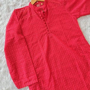 Valentine Special Red Chikankari Mens Cotton Hacoba Kurta Pajama Set Ethnic Wear Traditional Wear Set
