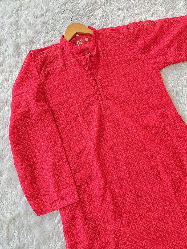 Valentine Special Red Chikankari Mens Cotton Hacoba Kurta Pajama Set Ethnic Wear Traditional Wear Set
