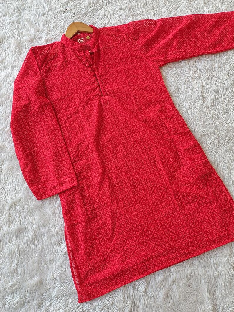 Valentine Special Red Chikankari Mens Cotton Hacoba Kurta Pajama Set Ethnic Wear Traditional Wear Set