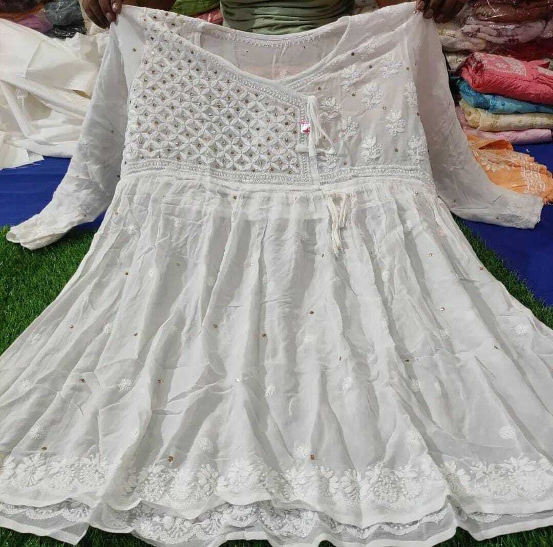 Buy White Peplum Viscose Angarkha Lucknow Chikankari Kurti Ethnic