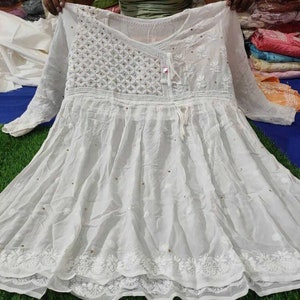 White Peplum Viscose Angarkha Lucknow Chikankari kurti Ethnic Wear Short Kurti Handmade Women Wear White Kurti Top