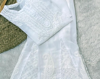 White Georgette Chikankari Kurta Sharara Set, Lucknowi Ethnic Wear