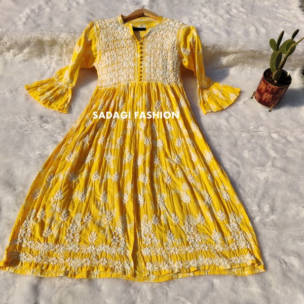 Women Handmade Lucknowi chikankari Cotton Anarkali kurta Handcrafted Chikan Cotton Fancy Ethnic Wear Anarkali Kurta Kurti Dress Gift For Her