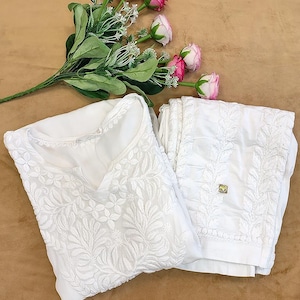 White Handmade Chikankari Muslin Straight Kurta Pant Set Ethnic Wear Lucknowi Chikan Dress/ Chikankari Kurta/Chikan Dress