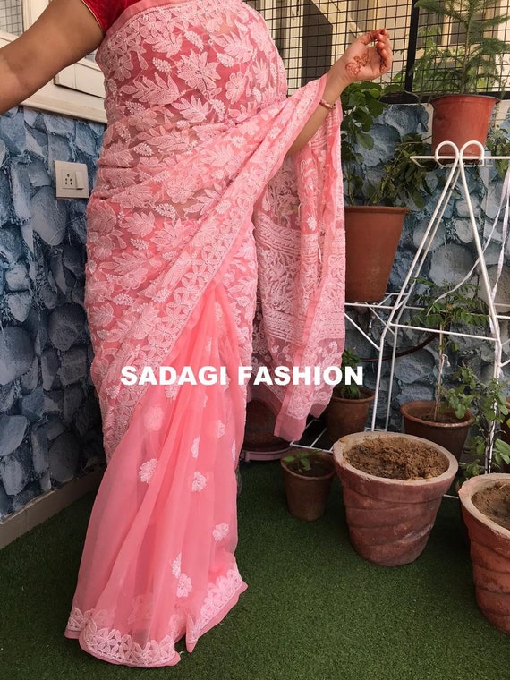 Handmade Georgette Chikankari Saree: Embroidered Summer Sari