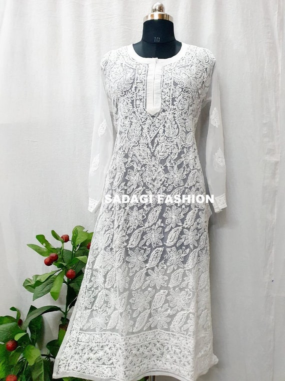 FREE INNER Holi Special Handmade Lucknawi Chikankari Georgette Kurta Ethnic Wear Chikan Thread Work Kurti Kurta Top Shirt Etsy UK