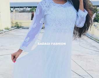 Handmade Georgette Chikankari Anarkali Kurta, Lucknowi Ethnic Dress
