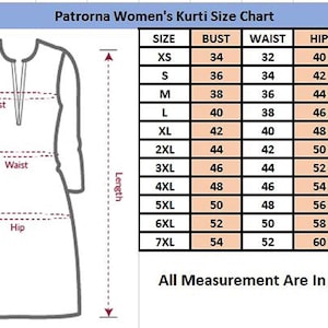 May include: Size chart for women's kurtis, showing measurements in inches for bust, waist, hip, and length. Sizes range from XS to 7XL.