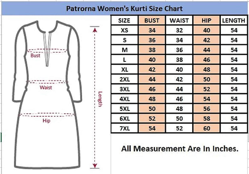 May include: Size chart for women's kurtis, showing measurements in inches for bust, waist, hip, and length. Sizes range from XS to 7XL.