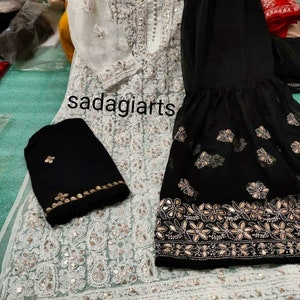 Free Inner Lucknawi chikankari white Kurta Sharara Gota Patti Work Chikan thread work hand embroidery ethnic wear set with dupatta