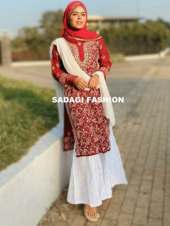 FREE INNER Red Georgette Gota Patti Work Lucknowi Chikankari Kurta