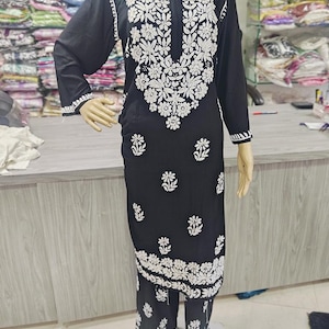Black Handmade Chikankari Rayon Kurta Palazzo Set Ethnic Wear Lucknowi Chikan Salwar Kameez Dress/ Chikankari Kurti/ Chikan Dress set