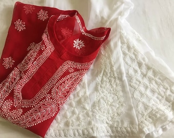 Lucknawi Chikankari Kurti Top: Hand Embroidered Georgette Kurta, Boho Style