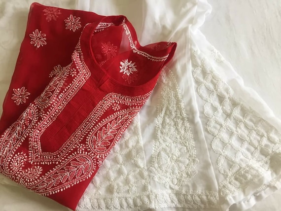 Lucknawi Chikankari Kurti Top: Hand Embroidered Georgette Kurta, Boho Style