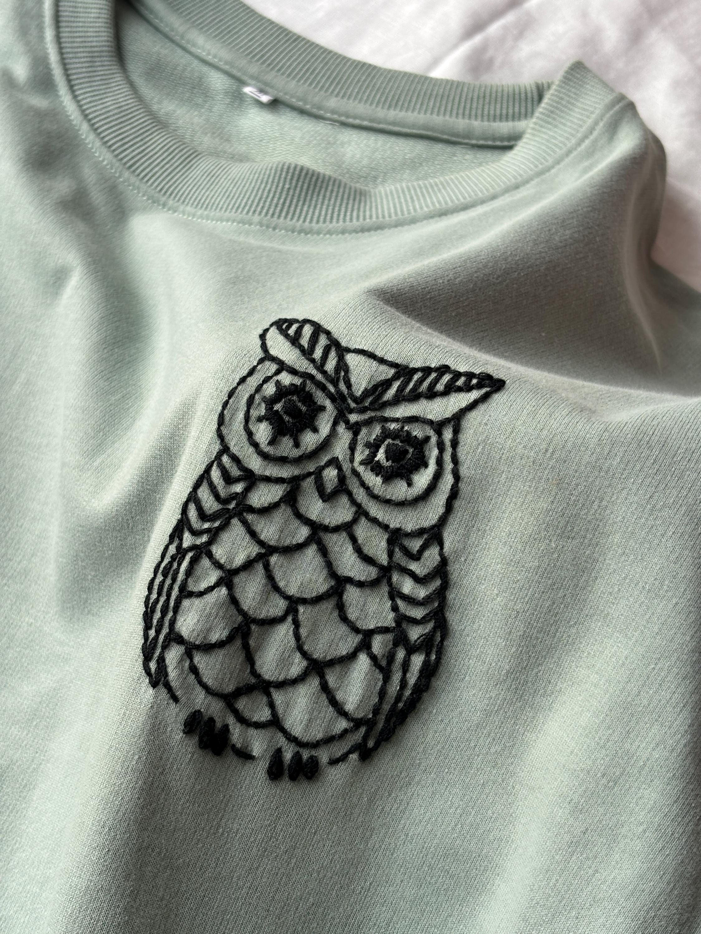 Hand Embroidered Owl T-Shirt, Pista Green Cotton, Unisex Tee