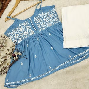 Azul artesanal chikankari modal com tiras kurta conjunto de calças étnicas lucknowi chikan salwar kameez vestido/chikankari kurta/vestido chikan