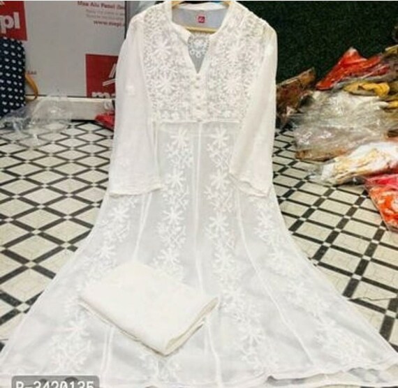 white chikan anarkali kurta