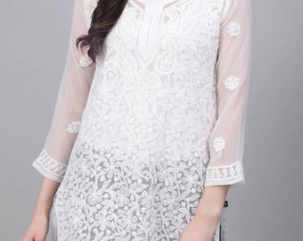 Free Inner Women Georgette Chikankari Short Jaal Kurta Ethnic Wear Handmade Lucknowi Chikan Kurti Short Top Kurta Top Hand Embroided Top