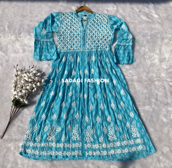 Women Handmade Lucknowi Chikankari Cotton Anarkali Kurta