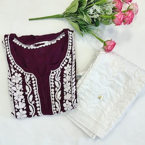 Wine Handmade Chikankari Muslin Straight Kurta Pant Set Ethnic Wear Lucknowi Chikan Dress/ Chikankari Kurta/Chikan Dress