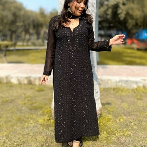 Gratis innerlijke zwarte chikankari pure viscose georgette kurta etnische kleding handgeborduurde kurti-broekset en dupatta-feestkleding salwar kameez-set