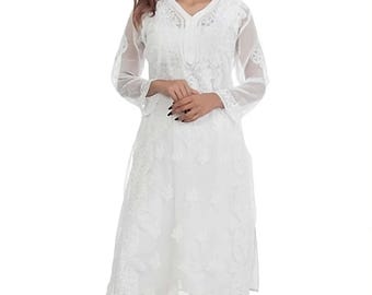 White Chikankari Kurta Sharara Set, Lucknowi Ethnic Wear