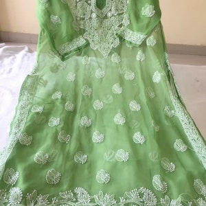 May include: A light green chiffon tunic with white embroidery. The embroidery features floral and paisley designs. The tunic has a round neckline and three-quarter sleeves.