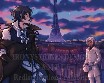 May include: Digital illustration of two figures on a rooftop in Paris, with the Eiffel Tower in the background at dusk. One figure wears a black coat and the other a white coat. The sky is a mix of pinks, blues, and purples.