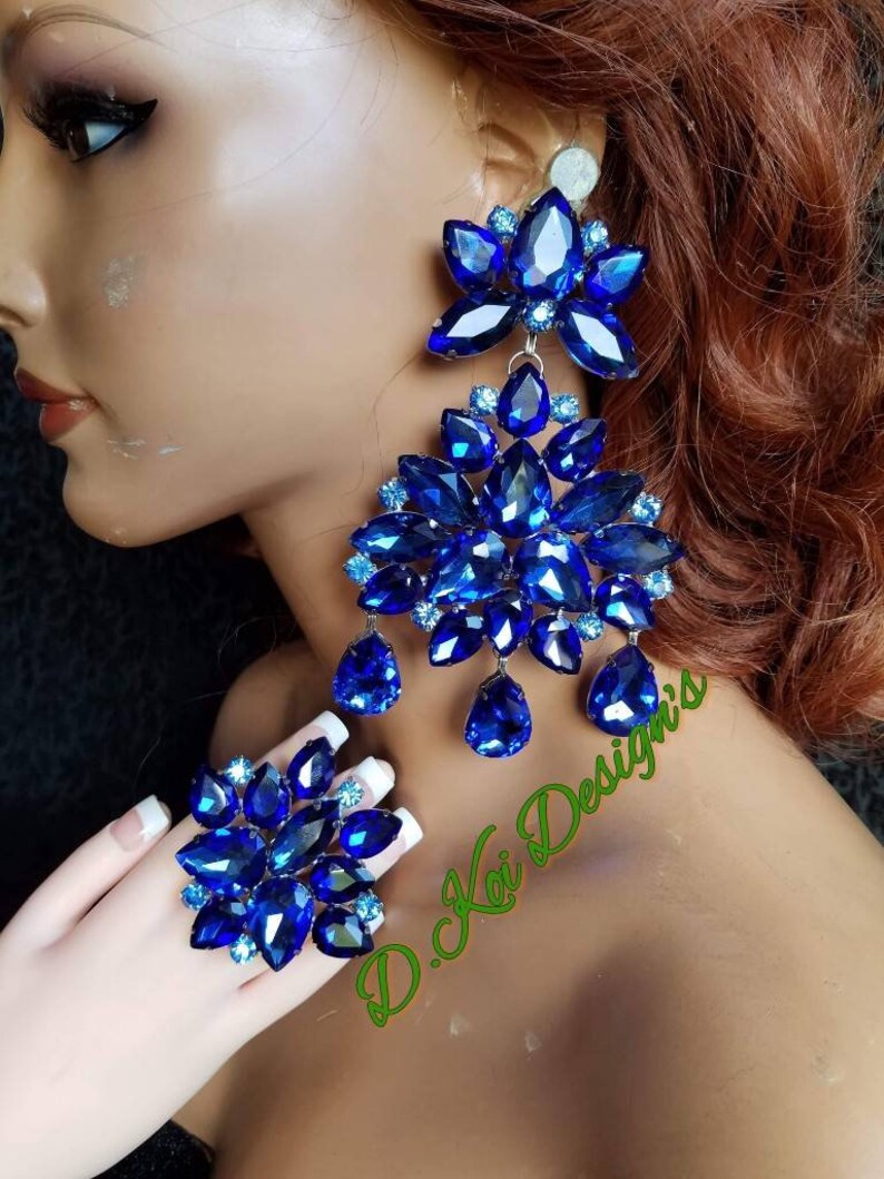 Drag and pageant earrings Large blue colbot sapphire set with Etsy