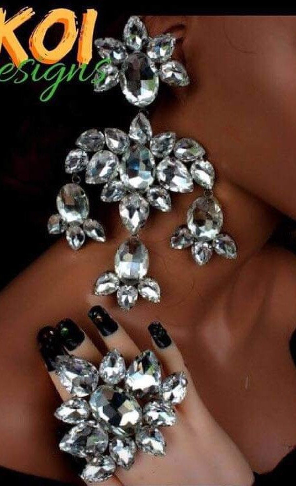 Chandelier style drag queen jewelry with ring large crystal | Etsy