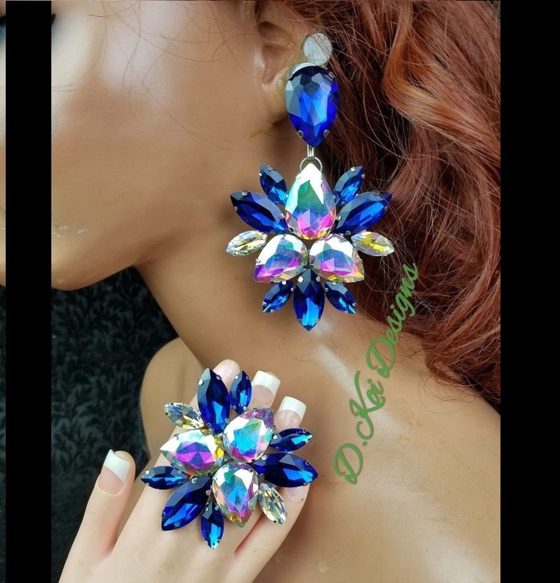 Drag queen earrings blue and ab sapphire bling pageant Etsy
