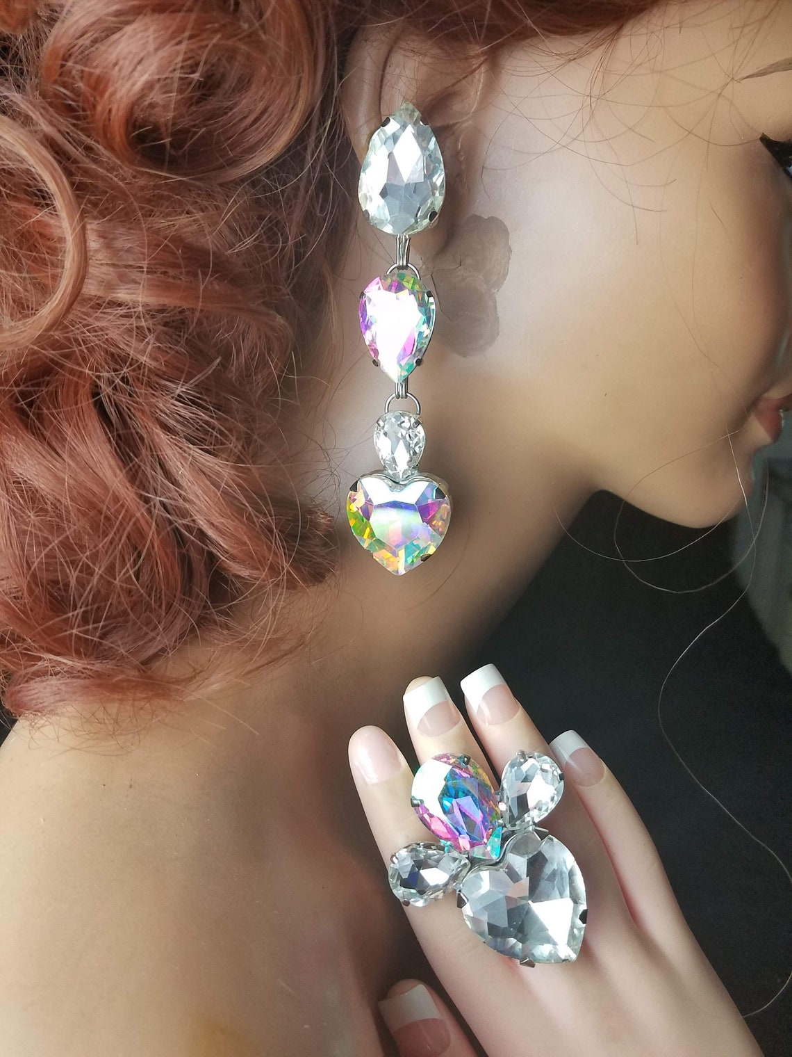 Drop drag queen jewelry with ring large AB clip on can be | Etsy