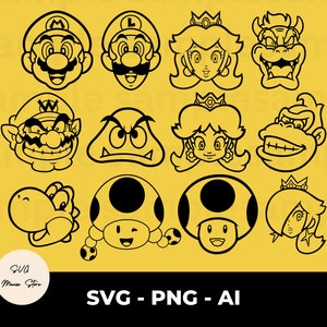 Mario Face SVG Pack Outline - Mario Bundle of 12 - PNG Mario Head - Mario Characters SVG - Cricut Digital Download