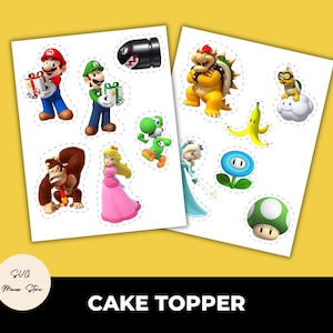 Digitale bezaubernde Super Mario Party-Mittelstücke - 12 Mario Bros-Kuchendekorationen, Geburtstagsparty-Dekor, druckbare Mario Cupcake-Aufkleber