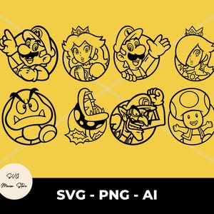 Super Mario Bundle SVG Umriss - Digital 8 Super Mario Charaktere Gesicht SVG - Rosalina & Prinzessin Peach - Luigi - Cricut - Instant Download