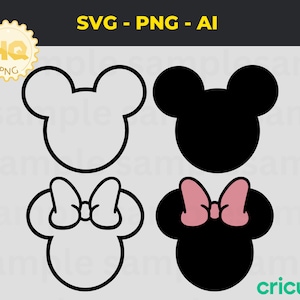 May include: Two black and white mouse head silhouettes with ears and a bow. The mouse on the left has a white outline and the mouse on the right has a black outline. Both mice have pink bows.