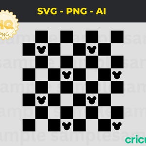 May include: Black and white checkerboard pattern with a Mickey Mouse head silhouette in each square. The checkerboard is 7 squares wide and 7 squares tall.